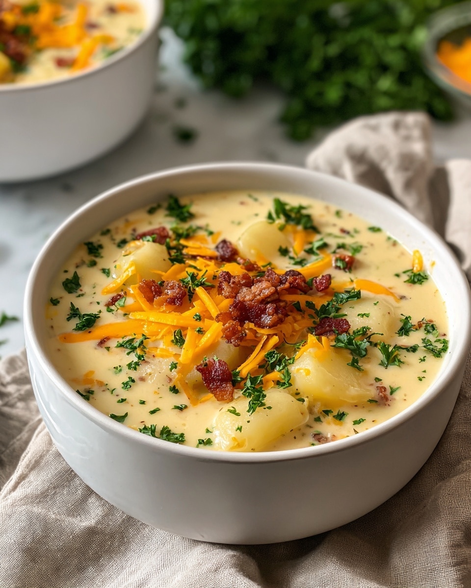 A white bowl filled with creamy potato soup, showing soft chunks of light yellow potatoes submerged in a smooth, pale yellow broth. The top is decorated with bright orange shredded cheddar cheese, small crispy brown bacon bits, and fresh green parsley leaves scattered evenly, adding color contrast and texture. The bowl sits on a light beige fabric on a white marbled surface, with some blurred fresh parsley leaves in the background and another white bowl with cheddar cheese in the distance. photo taken with an iphone --ar 4:5 --v 7