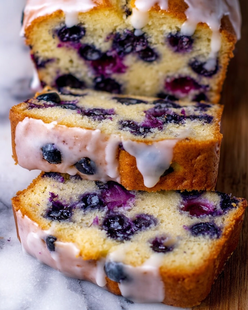 The image shows three slices of blueberry cake on a white marbled surface, arranged closely with one slice standing upright behind the others. The cake has a soft, light yellow base speckled thickly with plump, dark purple blueberries spread evenly throughout each slice. The top of the cake is golden brown with a smooth, shiny layer of white icing drizzled unevenly, overlaying some of the berries and edges. The texture of the cake looks moist and spongy, with visible blueberry juice seeping into parts of the crumb, adding purple hues among the light cake. Photo taken with an iphone --ar 4:5 --v 7