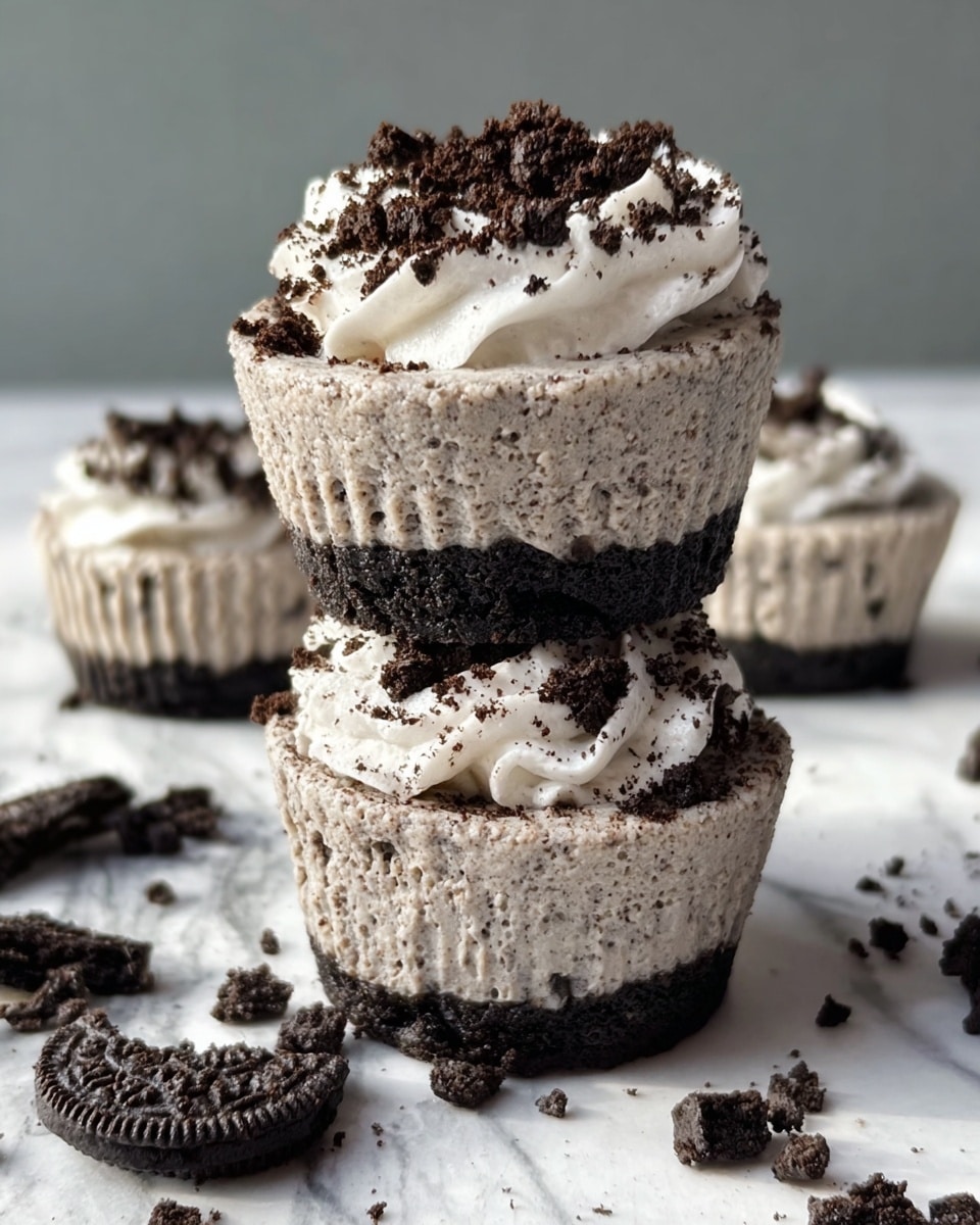 A stack of three mini Oreo cheesecakes is shown on a white marbled surface. Each cheesecake has three layers: the bottom layer is a dark black Oreo cookie crust, the middle layer is a thick, creamy, light gray cookies and cream cheesecake filled with tiny Oreo bits, and the top layer is whipped cream sprinkled with crushed Oreo crumbs in dark black. The cheesecakes have a textured paper liner around the sides, and more crumbled Oreo pieces are scattered on the surface around them. Photo taken with an iphone --ar 4:5 --v 7