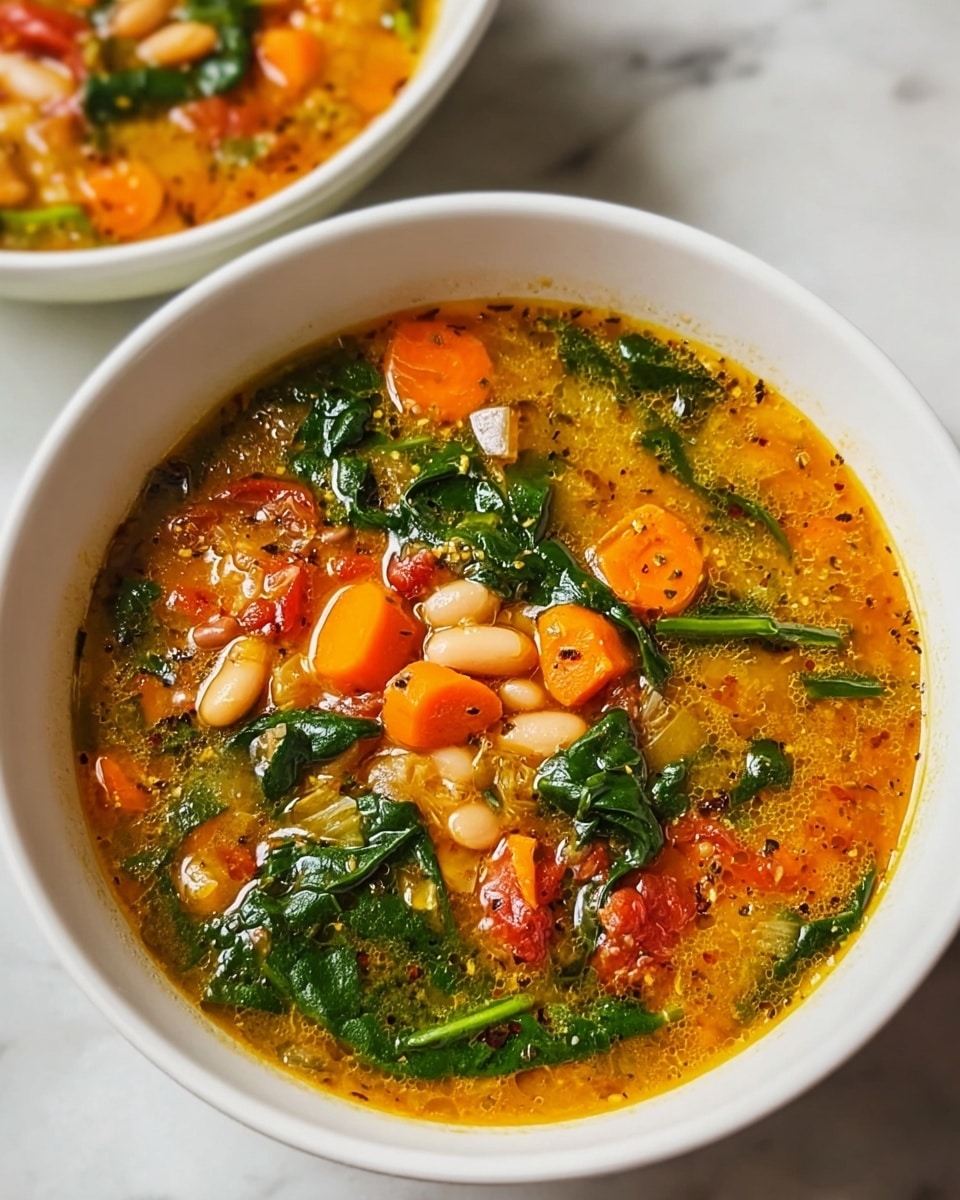 A white bowl filled with a colorful vegetable soup is shown on a white marbled surface. The soup has a golden-orange broth with visible small specks of herbs throughout. Floating in the broth are bright orange chunks of carrot, dark green wilted spinach leaves, white beans, and pieces of red tomato, along with small bits of translucent onion. The textures vary between soft vegetables and slightly firm beans, and the soup looks warm and fresh. Another similar bowl is partially visible in the background. photo taken with an iphone --ar 4:5 --v 7