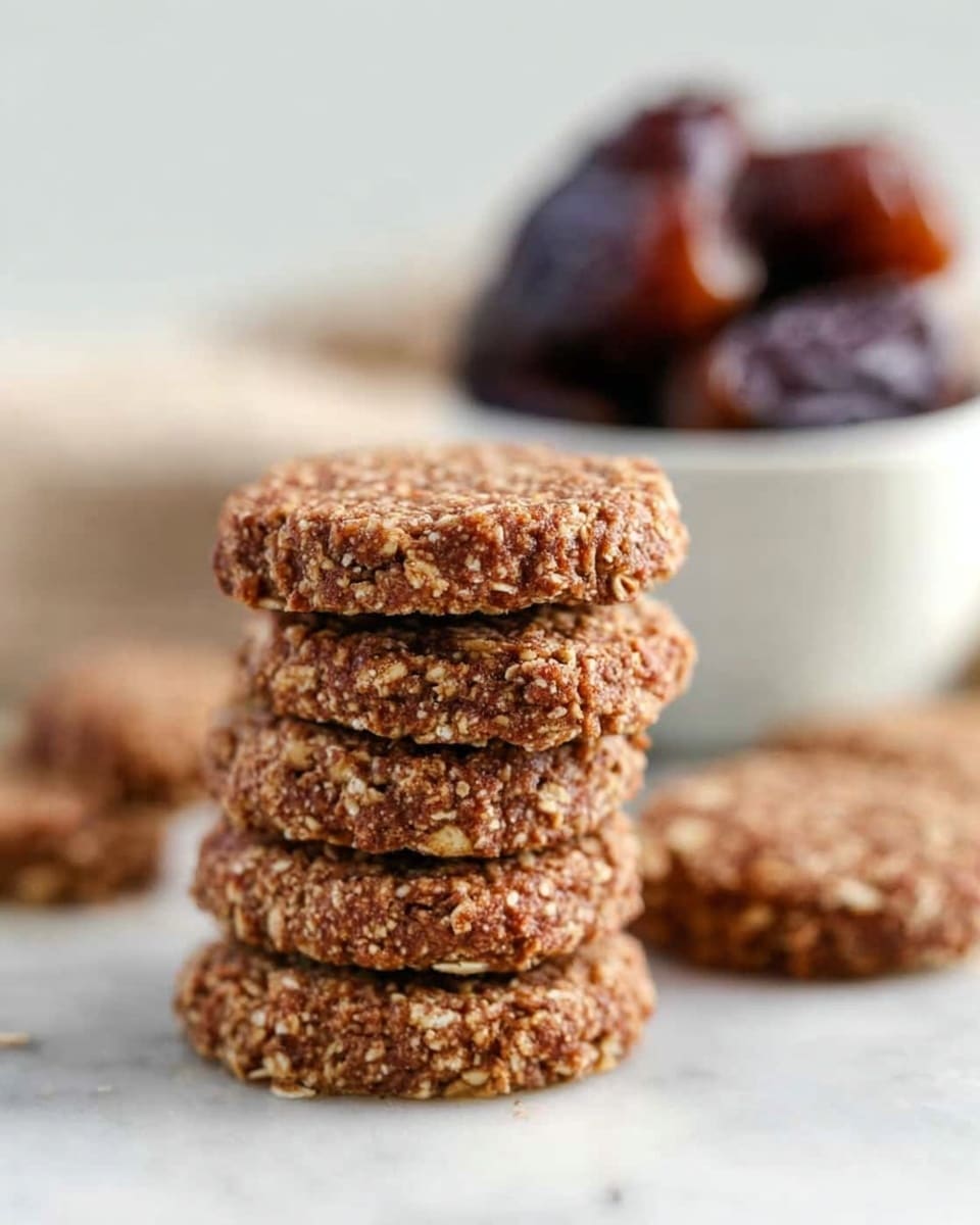 A stack of six round, brown cookies textured with visible oats is centered on a white marbled surface. The cookies appear soft and slightly crumbly with a rough, grainy appearance. Behind the stack, slightly out of focus, are two more cookies laying flat and a white bowl filled with dark brown dates, providing a rich, deep color contrast. The overall scene is bright with a soft, natural light highlighting the textures and the subtle colors of the cookies and dates. photo taken with an iphone --ar 4:5 --v 7