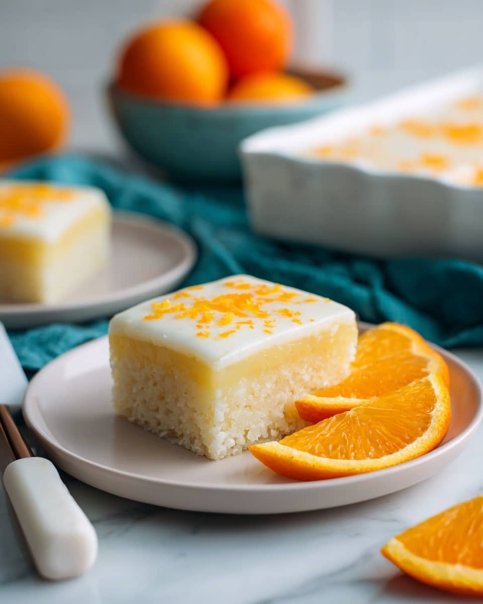 A white plate holds a single square piece of orange-flavored rice cake with two layers: a dense, moist pale yellow bottom layer with visible rice grains and a smooth, creamy white top layer lightly speckled with orange zest. Behind the cake are three round, bright orange slices partly overlapping each other, adding a fresh contrast. The plate sits on a white marbled surface with a white-handled spatula nearby and a blurred white baking dish in the background, along with a teal cloth and a bowl of whole oranges. Photo taken with an iphone --ar 4:5 --v 7