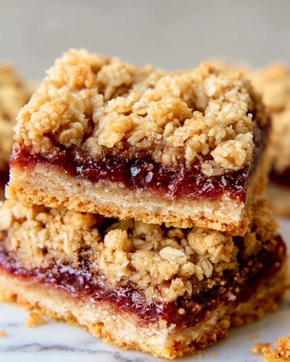 Two square oatmeal bars are stacked on a white marbled surface, showing three distinct layers. The bottom layer is a light golden-brown crust that looks firm and slightly crumbly. The middle layer is a thick, dark red jam that appears smooth and sticky with hints of fruit pieces. The top layer consists of a chunky oat crumble with uneven-sized clusters in a golden tan color, adding a rough textured look. The bars have crumb crumbs scattered around the edges, enhancing the homemade feel. Photo taken with an iphone --ar 4:5 --v 7