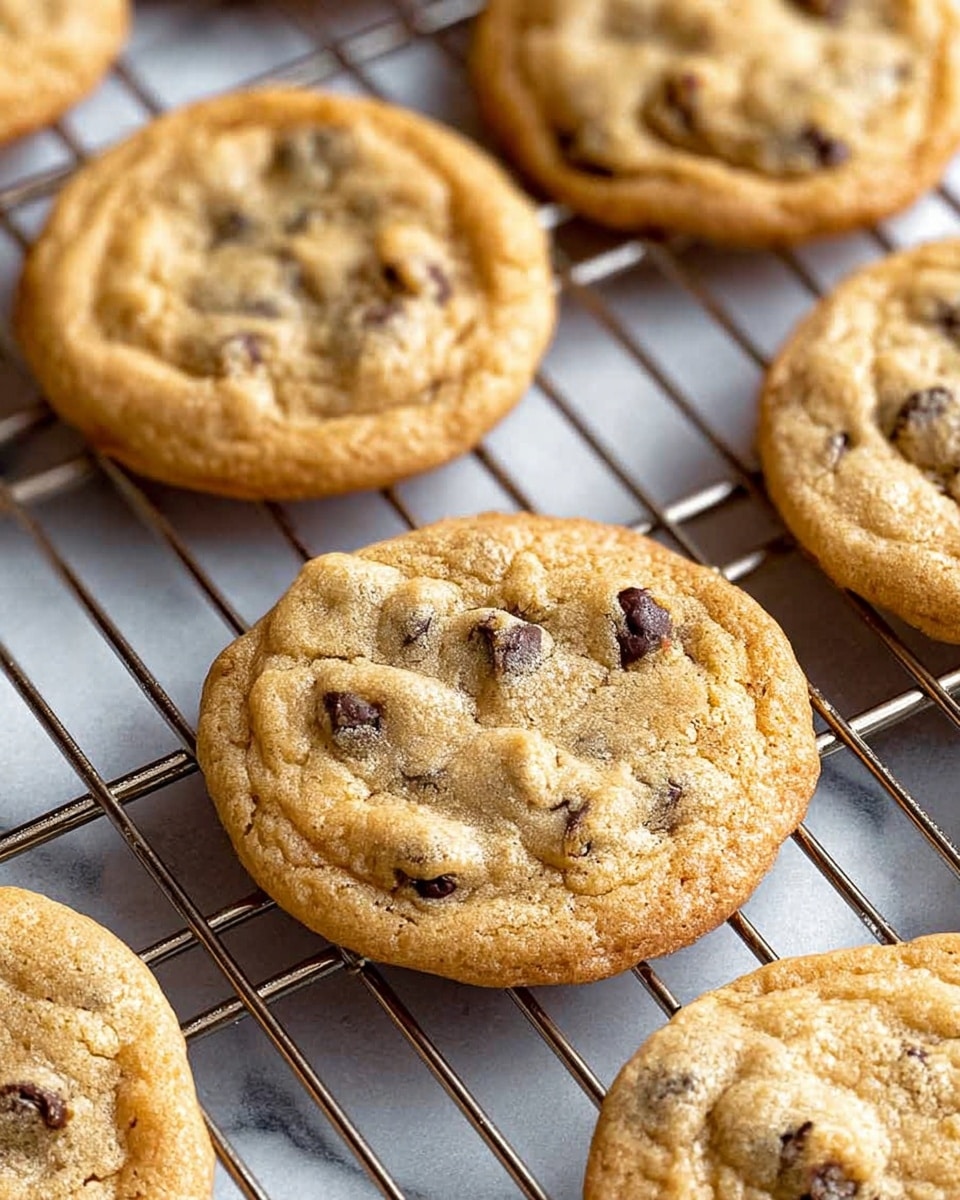 The image shows a close-up of several freshly baked chocolate chip cookies placed on a metal cooling rack. Each cookie has a golden brown color with slightly darker edges, a soft and chewy texture with small bubbles and creases on the surface, and visible dark chocolate chips peeking through the dough. The cooling rack is set over a white marbled textured surface that adds a clean and bright background to the warm tones of the cookies. photo taken with an iphone --ar 4:5 --v 7
