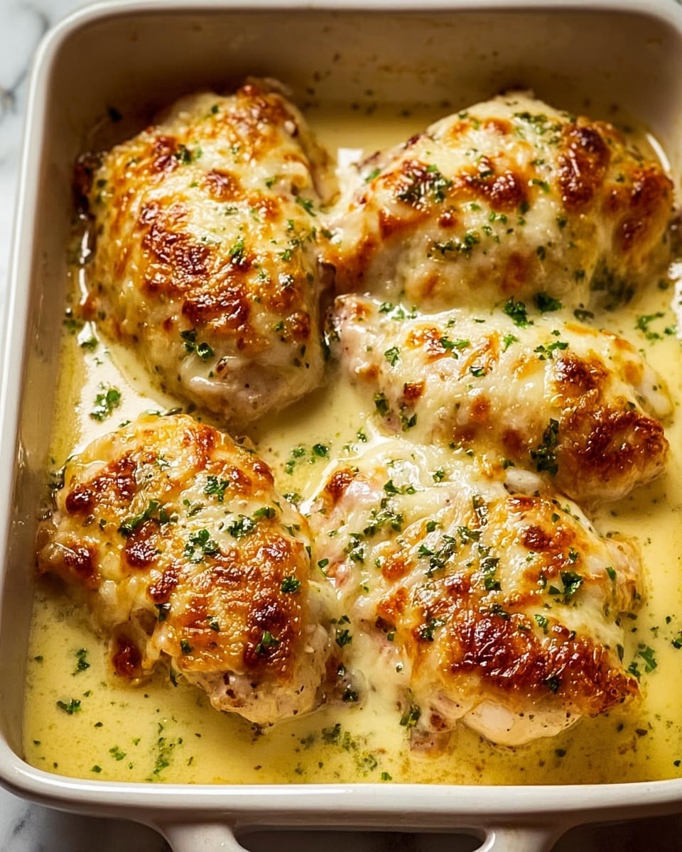 The image shows four pieces of chicken in a white rectangular baking dish. Each piece is covered with a layer of melted, browned cheese that has a slightly bubbly and golden texture. The chicken underneath appears tender and juicy with a light golden-brown sear. The top is sprinkled with small bits of green herbs, adding a fresh splash of color. A creamy, light yellow sauce surrounds the chicken, filling the dish partially and creating a shiny, smooth surface. The white marbled background enhances the warm tones of the dish. photo taken with an iphone --ar 4:5 --v 7