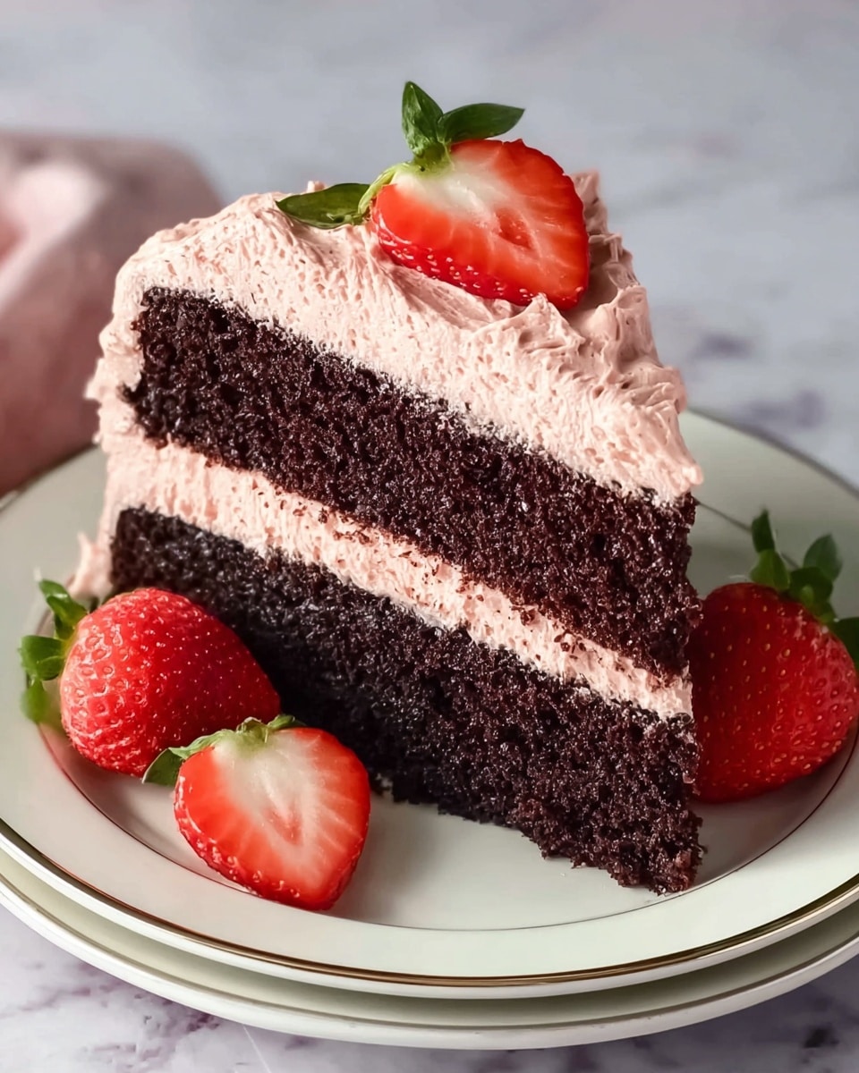 A slice of two-layer chocolate cake with a rich, dark brown color and a soft, crumbly texture sits on a white plate with small speckles and a light brown rim. Between the layers is a thick middle layer of light pink frosting that looks creamy and smooth. The top of the cake is covered with an even layer of the same pink frosting, slightly swirled for texture. On top of the cake slice is a fresh red strawberry cut in half, showing its bright interior and green leafy top. In front of the cake on the plate are two more strawberry halves, vibrant and fresh. The background is a white marbled surface with a few out-of-focus strawberries in the distance. Photo taken with an iphone --ar 4:5 --v 7