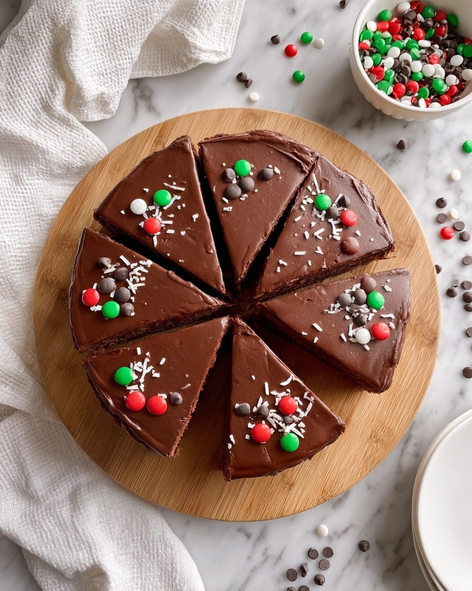 A round chocolate cake with a smooth, glossy chocolate frosting covers the entire top in one thick layer. The cake is sliced into seven uneven pieces with four of the slices decorated with small round red, green, and white candies, dark chocolate chips, and little white coconut flakes sprinkled mainly near the edges. The cake sits on a light brown wooden board that rests on a white marbled surface. Around the board, some of the colorful candies and chocolate chips are scattered lightly. A white cloth is placed to the top left near the board and a white bowl filled with more of the round candy sits in the top right corner, while a white plate is partially visible at the bottom. photo taken with an iphone --ar 4:5 --v 7