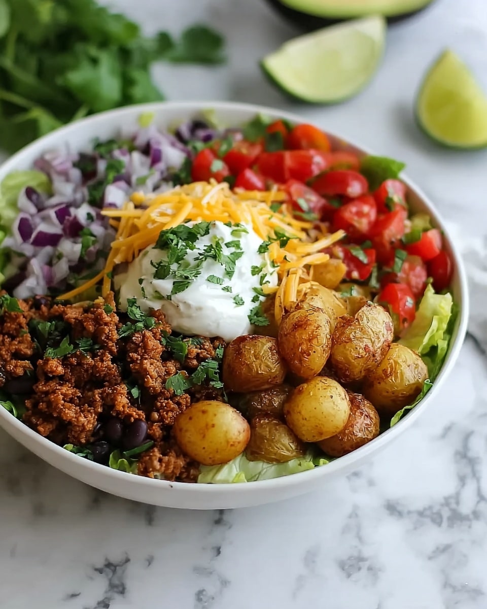 A white bowl filled with a colorful layered dish is placed on a white marbled surface. The base layer consists of green leafy lettuce visible around the edges. On one side, there are chopped bright red cherry tomatoes and diced purple onions mixed with black beans. Next to it, a generous portion of cooked ground meat with small golden-brown potatoes is arranged. On top of the meat and potatoes, there is a heap of shredded yellow cheese. In the center, a dollop of white sour cream is placed, garnished with fresh green chopped herbs. A few lime wedges and half an avocado are blurred in the background, adding to the fresh look. photo taken with an iphone --ar 4:5 --v 7