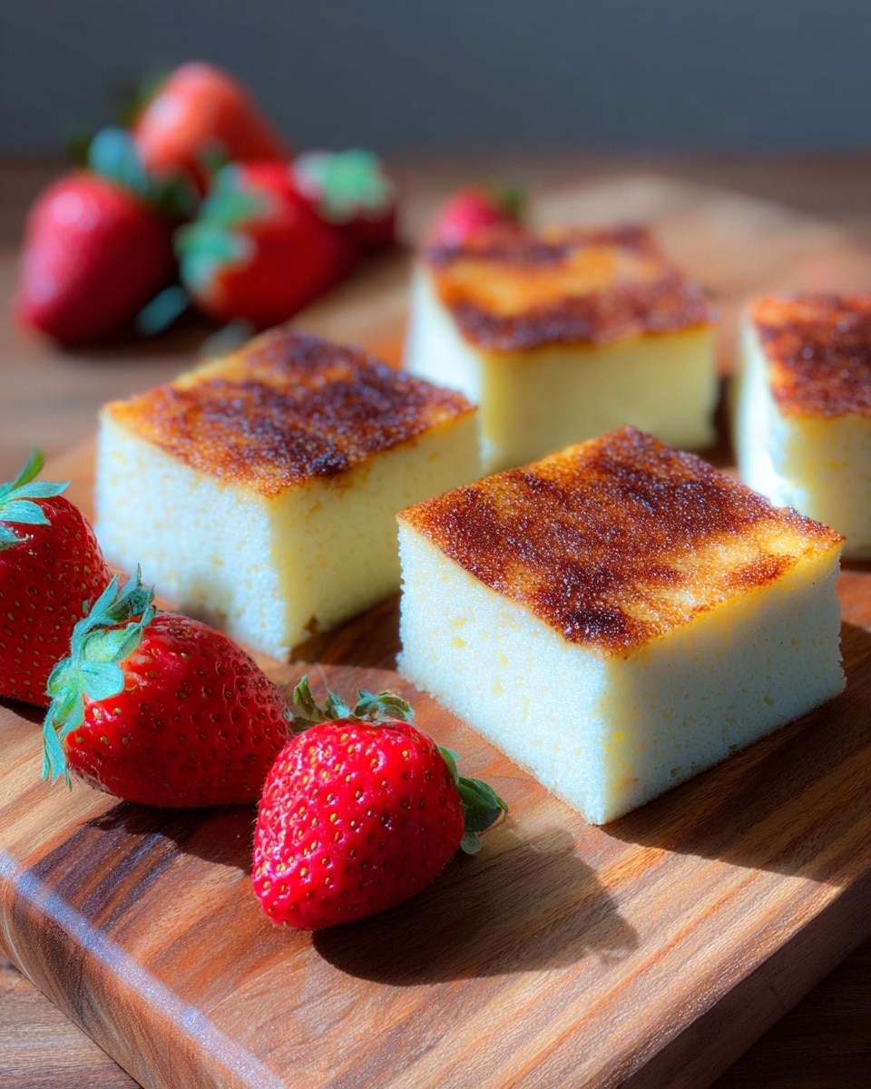 There are four pieces of square cake with a golden brown top layer that looks slightly crispy. The cake itself is white and fluffy with a soft texture. Behind the cake pieces, there are several fresh red strawberries with green leaves. All of this is placed on a wooden surface. photo taken with an iphone --ar 4:5 --v 7
