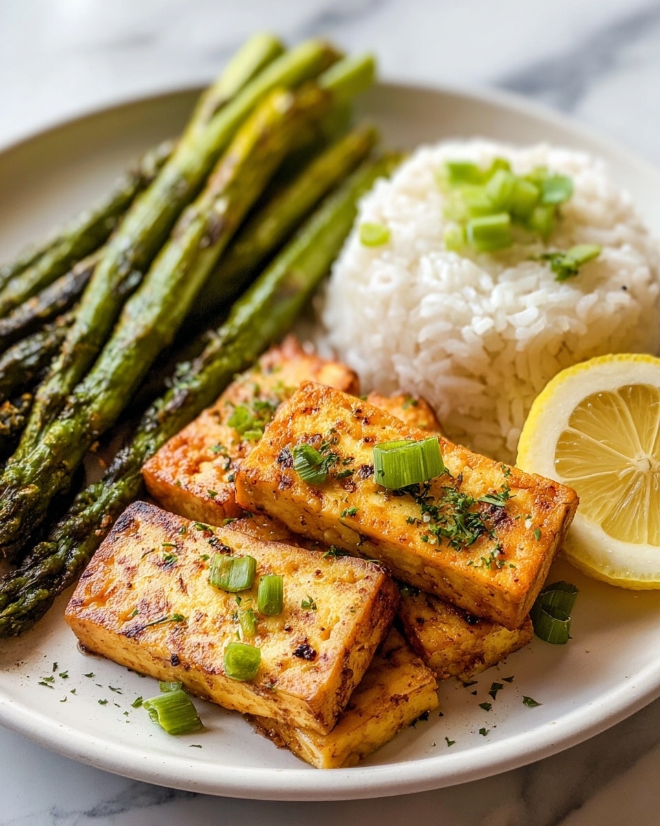 A white plate holds a meal with three main layers: in the back, a bunch of green roasted asparagus spears with some charred spots; in the middle, a small mound of white rice topped with a few green onion slices; and in the front, four golden-brown rectangular pieces of crispy tofu sprinkled with herbs and small green onion pieces. A lemon half sits near the asparagus on the right side, adding a bright yellow touch. The plate rests on a white marbled surface. photo taken with an iphone --ar 4:5 --v 7