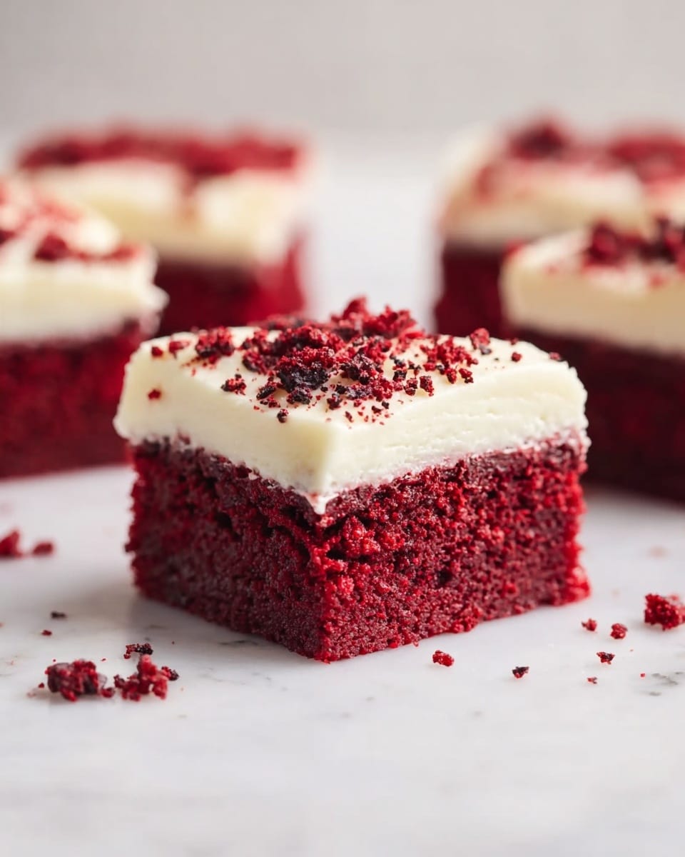 A close-up view of a square red velvet cake piece placed on a white marbled surface, showing two main layers: a thick, deep red, moist cake base with a dense texture, topped with a thick layer of smooth, creamy white frosting. The frosting layer is slightly uneven, spread generously, and decorated with small dark red cake crumbs sprinkled on top. Additional blurred pieces of the same cake are visible in the background, making the main piece the clear focus. Red cake crumbs are scattered around the cake on the surface. photo taken with an iphone --ar 4:5 --v 7