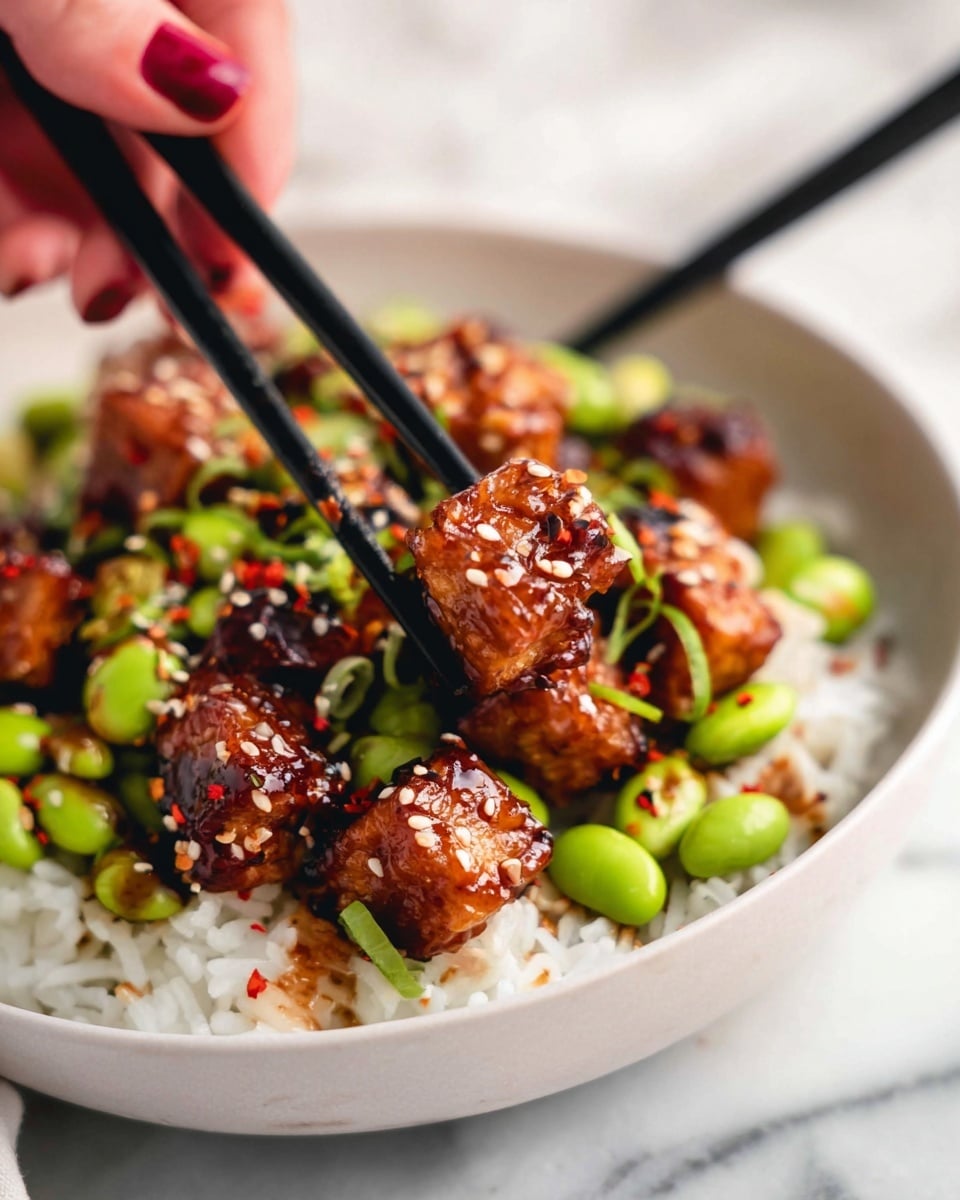 A close-up view of a white bowl filled with two layers: the bottom layer is white rice with small green edamame beans scattered on top, and the top layer consists of dark brown glazed tofu cubes sprinkled with white sesame seeds and red chili flakes, some tofu cubes show shiny caramelized textures. A woman's hand is holding black chopsticks, picking up one tofu cube. The bowl sits on a white marbled surface, and the background is softly blurred. Photo taken with an iphone --ar 4:5 --v 7