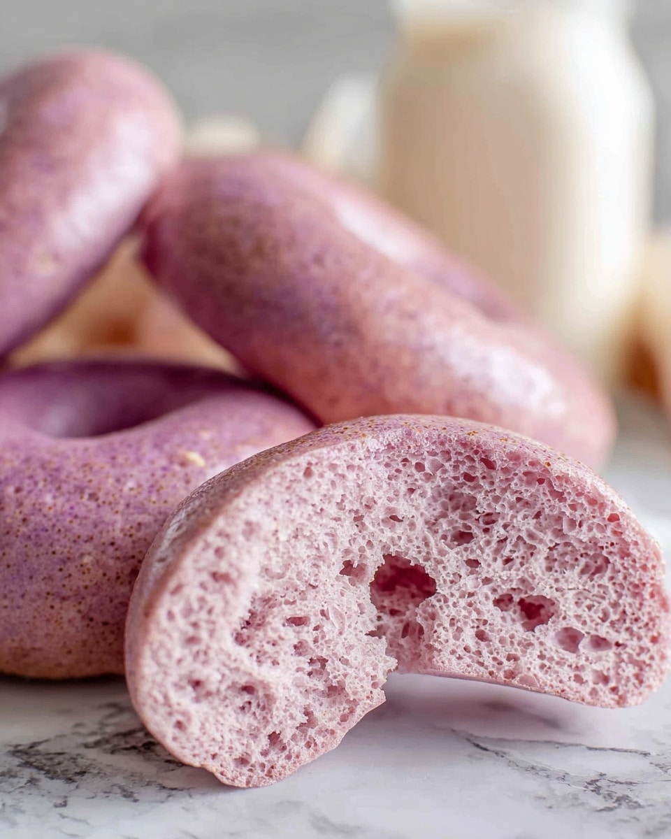 A close-up image shows a group of pink bagels resting on a white marbled surface. One pink bagel is sliced open and positioned in front of the whole bagels, revealing a soft, airy interior with a light purple-pink crumb and a porous texture. In the background, there is a blurred white glass jar filled with a creamy white liquid. The lighting highlights the smooth, slightly shiny surface of the bagels and the delicate, spongy inside. Photo taken with an iphone --ar 4:5 --v 7