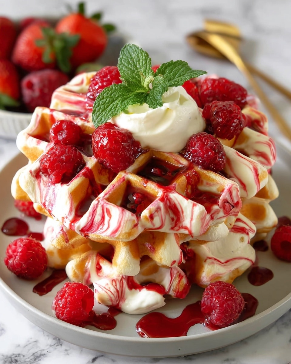 A stack of golden-brown waffles with red swirls is placed on a white plate, each waffle showing its square pockets filled with white cream and red syrup drizzled generously over the top and running down the sides. Bright red raspberries are scattered across the waffles along with a dollop of white whipped cream at the center, topped with a fresh green mint leaf. The plate rests on a white marbled surface, with some strawberries blurred in the background. photo taken with an iphone --ar 4:5 --v 7