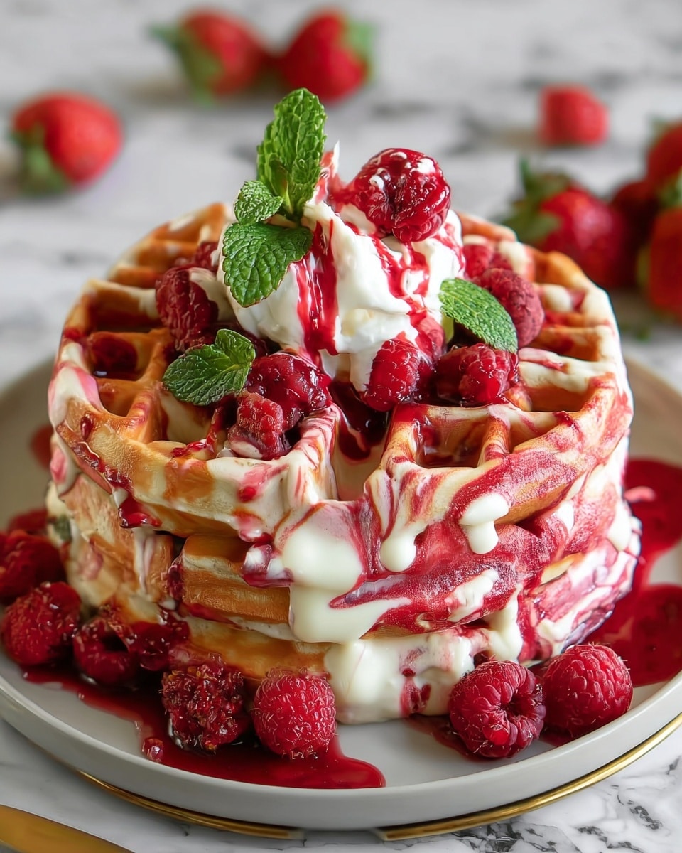 The image shows a stack of thick, fluffy waffles with a golden brown and red swirled pattern, placed on a white plate. The waffles are covered with a creamy white sauce and a red berry sauce that blend and drip down the sides. Fresh whole raspberries and small red strawberry pieces sit on top of the waffles, along with a dollop of white whipped cream crowned with a drizzle of red berry sauce. Bright green mint leaves add a fresh pop of color, and the plate rests on a white marbled surface with some strawberries blurred in the background. Photo taken with an iphone --ar 4:5 --v 7