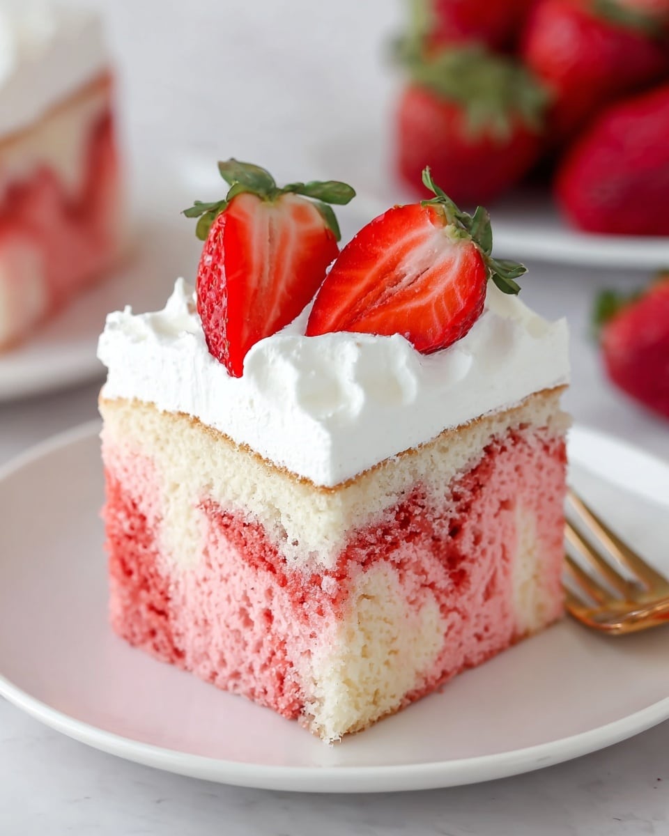A square piece of cake sits on a white plate, showing three visible layers. The bottom two layers are sponge cake with a marbled mix of pink and white, giving a soft, moist texture. The top layer is a smooth, even spread of white whipped cream. On top, two halves of a fresh strawberry with green leafy tops are placed side by side. In the blurred background, additional whole strawberries rest on a white marbled surface. The photo taken with an iphone --ar 4:5 --v 7
