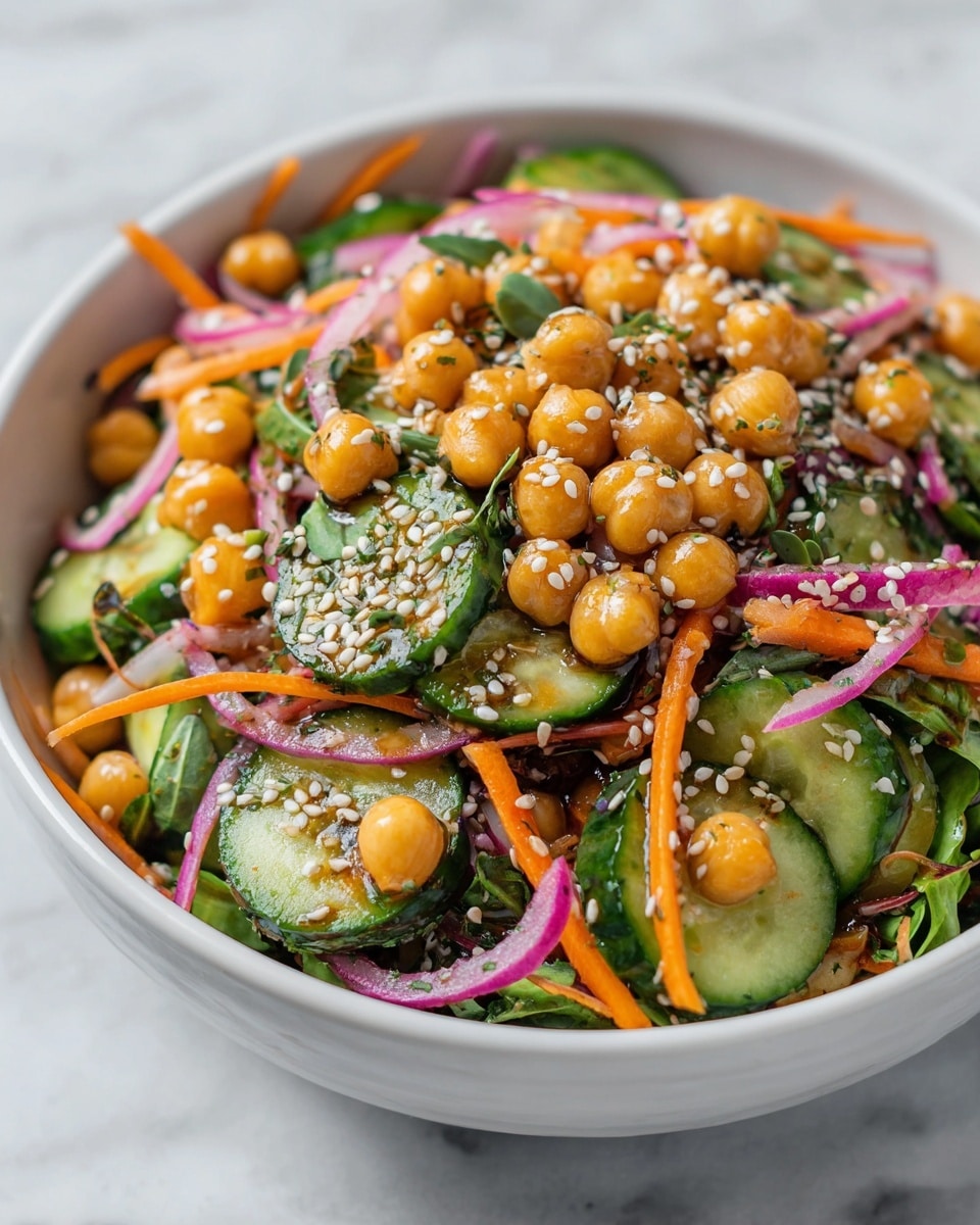 A white bowl filled with a colorful mixed salad, showing three main layers: the bottom layer of green cucumber slices with a fresh and slightly wet texture, the middle layer of thin orange carrot sticks and purple-red onion slices scattered evenly, and the top layer of round golden chickpeas with smooth surfaces sprinkled generously with white sesame seeds along with small green leafy herbs. The salad looks lightly coated with a dark, glossy dressing, adding a sheen and slight gloss to all ingredients, all set on a white marbled textured surface. photo taken with an iphone --ar 4:5 --v 7