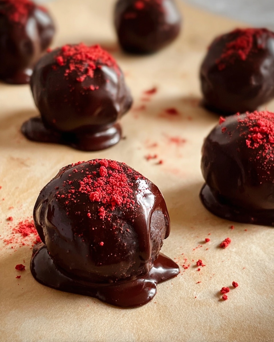 The image shows nine round chocolate truffles placed on a light beige surface with a soft texture. Each truffle is covered in a shiny, smooth layer of dark chocolate with a slightly uneven coating that drips at the base, creating small pools of chocolate. On top of each truffle, there is a sprinkling of fine, bright red powder, adding contrast to the dark chocolate. The truffles are arranged loosely in the frame, with some closer and others farther away, creating depth in the image. The focus is sharp on the front truffle, with the others softly blurred in the background. photo taken with an iphone --ar 4:5 --v 7