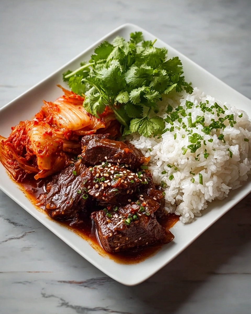 A white square plate contains three main parts: on the left, there is a pile of reddish-orange kimchi with a slightly wet, textured look; in the middle, dark brown braised beef chunks covered with a glossy sauce and sesame seeds, topped with a bunch of fresh green cilantro leaves; and on the right, a serving of fluffy white rice sprinkled lightly with chopped green herbs. The plate is placed on a white marbled surface, and the colors contrast well, showing a rich, comforting meal. Photo taken with an iphone --ar 4:5 --v 7