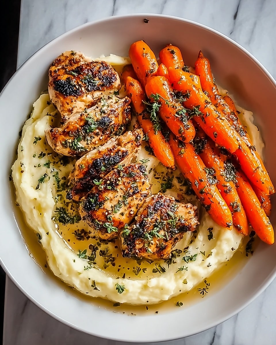 A white plate on a white marbled surface holds one serving of food with three main layers. The bottom layer is creamy mashed potatoes, pale yellow in color and spread in a curved shape around the plate's left side. On top of this is a layer of four grilled chicken pieces, golden brown with char marks and herbs sprinkled over them. Along the right side of the plate, there is a row of bright orange glazed carrots, covered partly with herbs and sauce that pools slightly around the food. The whole dish looks warm and freshly cooked. Photo taken with an iphone --ar 4:5 --v 7