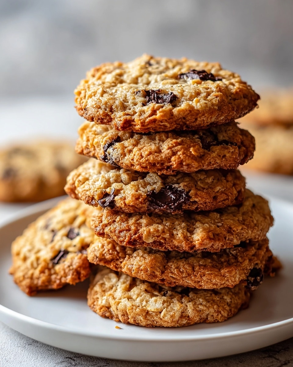 A close-up view of a stack of seven oatmeal chocolate chip cookies on a white plate, each cookie showing a rough, golden-brown texture with visible oats and dark chocolate chunks scattered throughout. The cookies are thick with uneven edges and a slightly crispy, crumbly surface. The plate sits on a white marbled texture, and a soft, blurred background creates a cozy atmosphere. photo taken with an iphone --ar 4:5 --v 7