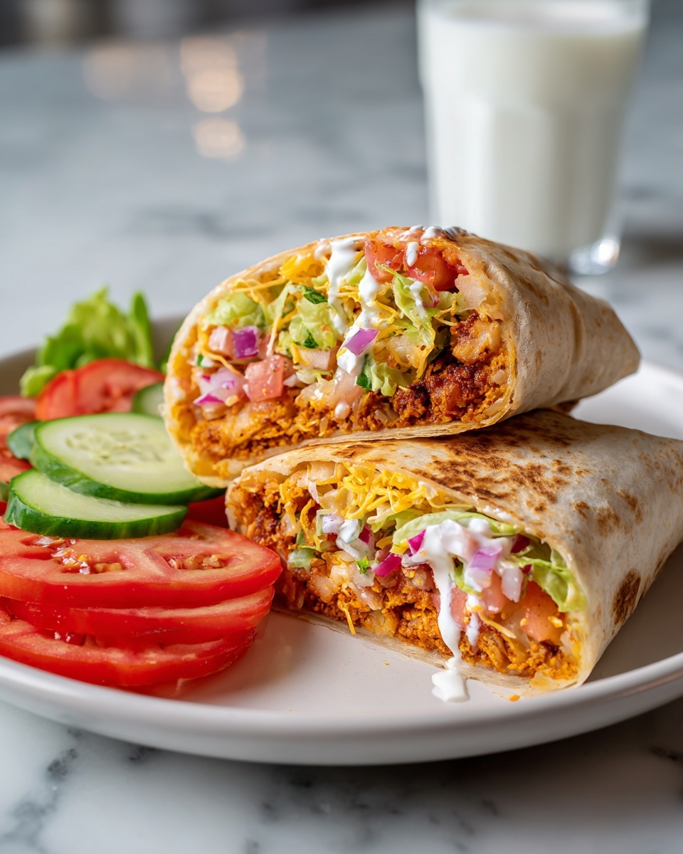 The image shows a burrito cut in half, each half stacked slightly on top of the other on a white plate. The burrito has a lightly browned flatbread wrap. Inside, there are several layers: a crispy orange-brown fried filling at the bottom, followed by a layer of light green shredded lettuce, finely chopped red onions, bright red tomato pieces, small green parsley bits, shredded yellow cheese, and a drizzle of white sauce that adds creaminess. On the side of the plate, there are slices of cucumber, tomato, and some lettuce. In the blurred background, there is a glass of milk on a white marbled surface. photo taken with an iphone --ar 4:5 --v 7