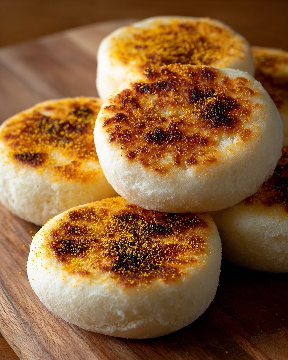 The image shows five round English muffins closely placed on a wooden surface, each with a light golden-brown toasted top sprinkled with fine yellow cornmeal. The muffins have a soft, pale white base with a slightly uneven texture and crispy browned areas centered on the top. The cornmeal adds a grainy texture contrast against the mostly smooth bread surface. The muffins overlap slightly, creating a cozy cluster with visible thickness and puffiness. photo taken with an iphone --ar 4:5 --v 7