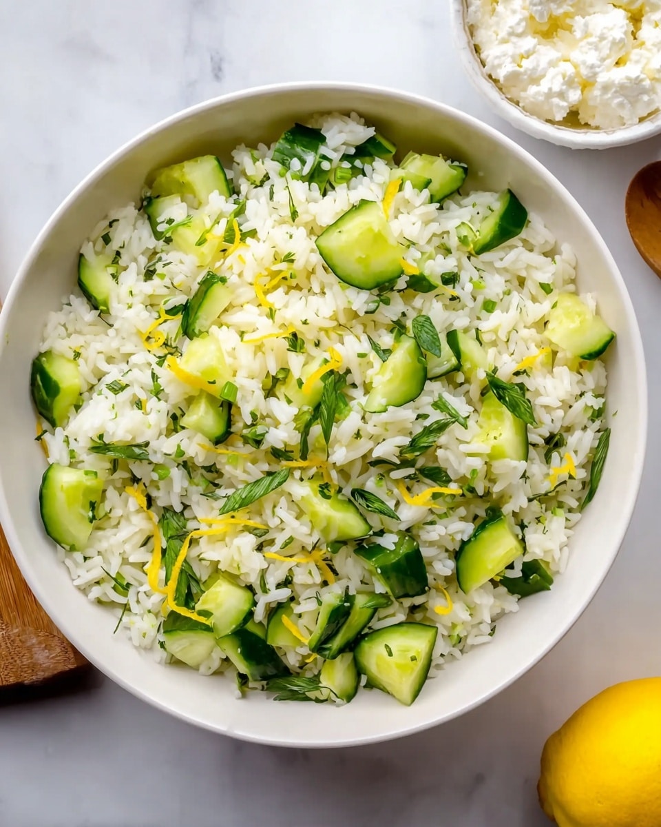 A white bowl filled with three layers of food is shown. The bottom layer is a bed of cooked white rice with a soft texture. Mixed throughout this are small, bright green cucumber pieces cut into half-moon and cube shapes, scattered evenly across the rice. There are also tiny green herb bits sprinkled over the top, adding a fresh look. Thin yellow lemon zest strips are spread throughout, adding pops of bright color. The bowl rests on a white marbled surface, with a small white bowl containing white cottage cheese in the background and a yellow lemon partially visible at the bottom right. photo taken with an iphone --ar 4:5 --v 7