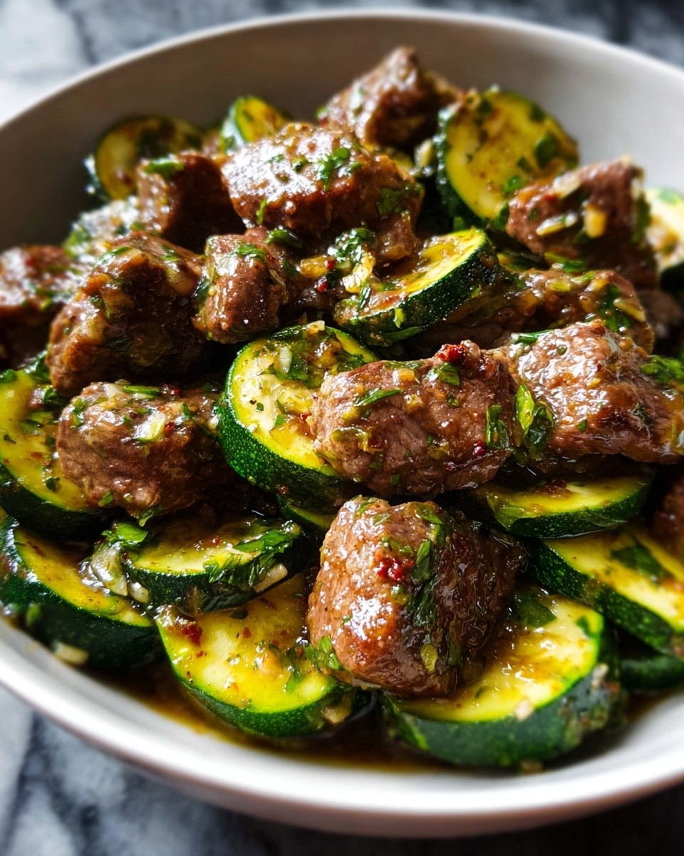 The dish shows chunky pieces of browned meat mixed with slices of green zucchini, all coated in a glossy sauce with visible bits of herbs and minced garlic scattered throughout. The meat chunks are thick and have a slightly seared, textured surface with hints of char. The zucchini rounds are cooked but still retain their green color with a soft yellow inside, and they are spread evenly around and beneath the meat. The whole dish sits in a shallow white bowl, placed on a white marbled surface, with a close-up focus that highlights the juicy and fresh look of the ingredients. photo taken with an iphone --ar 4:5 --v 7