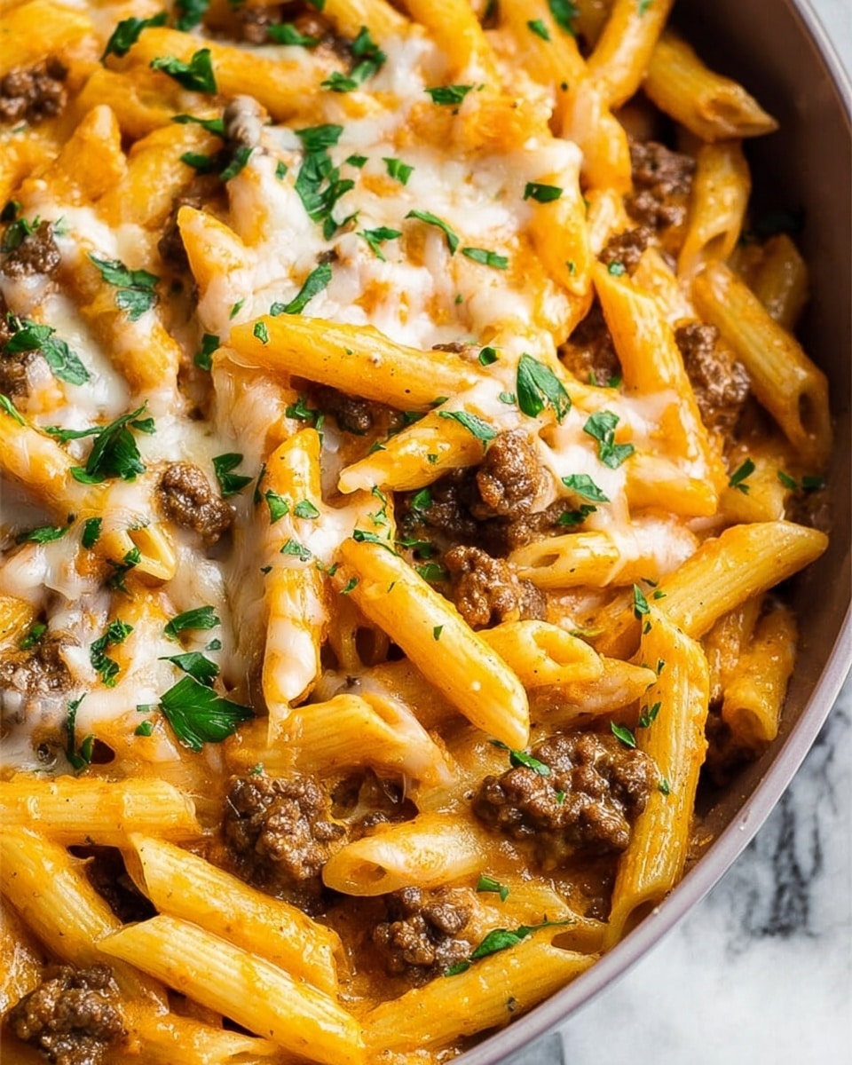 The dish shows a close-up of cooked penne pasta mixed with small chunks of browned ground meat, all covered in a creamy orange sauce. The penne pasta is light yellow, smooth, and arranged evenly throughout. The ground meat pieces are dark brown and spread between the pasta. Melted white cheese is scattered on top, blending softly into the sauce. Fresh chopped green herbs are sprinkled over the pasta, adding small green spots for contrast. The food sits on a white marbled surface. photo taken with an iphone --ar 4:5 --v 7