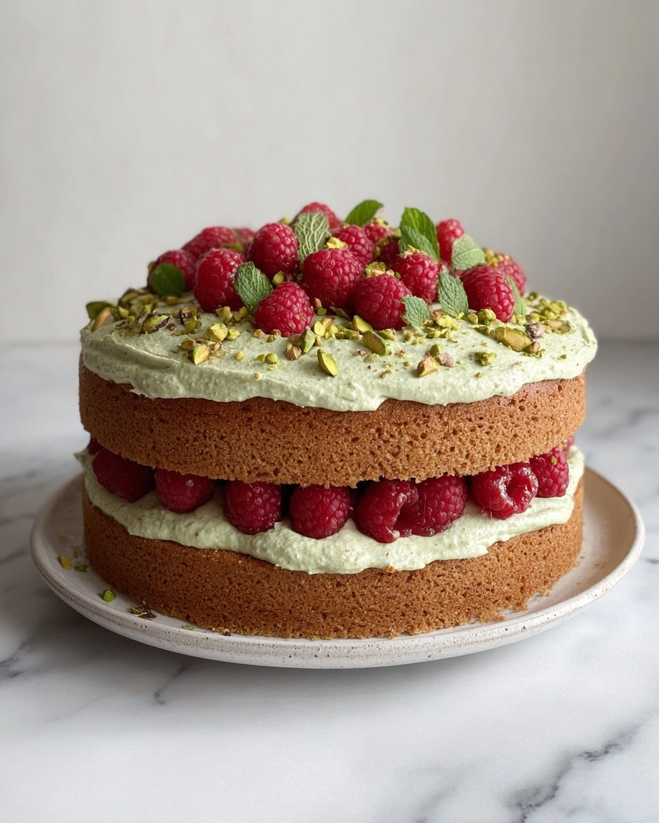 A two-layer round cake with light brown, slightly rough textured sponge layers. Between the layers, there is a thick spread of pale green cream with a smooth, fluffy texture, topped with a row of bright red raspberries and a layer of red jam. The top layer is covered with the same green cream, decorated with scattered whole raspberries, small green chopped pistachios, and fresh green mint leaves. The cake is placed on a white plate with a subtle rough texture, set on a white marbled surface with a plain white background. photo taken with an iphone --ar 4:5 --v 7