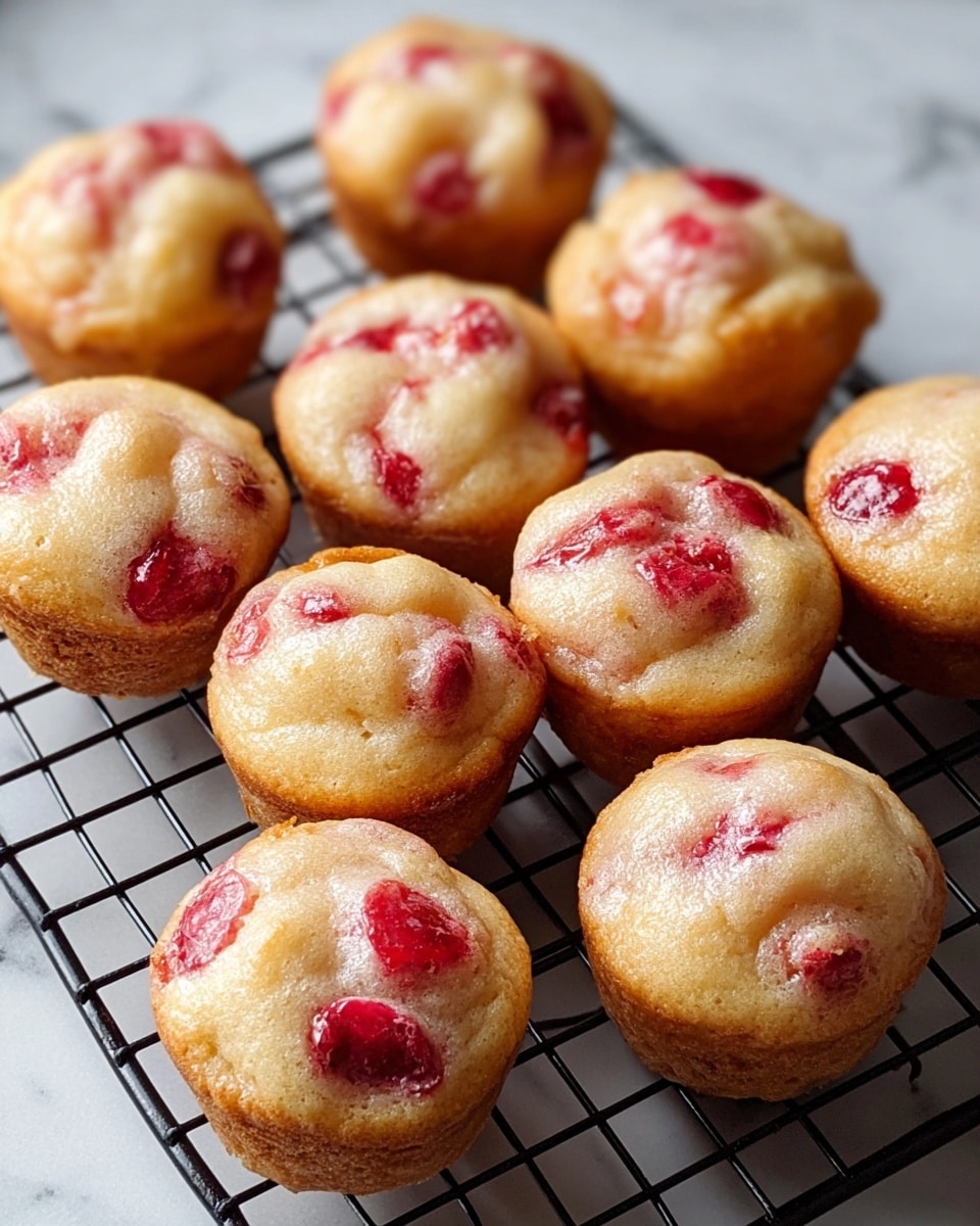 A group of small muffins sitting on a black cooling rack over a white marbled surface, each muffin having a golden-brown base with a soft, light beige top mixed with bright red fruit pieces embedded throughout, giving a marbled effect of red and beige. The muffins have a slightly dome-shaped top with a moist and fluffy texture visible, and the red fruit pieces are scattered unevenly in each muffin, making each one unique. The scene is well-lit, showing the warm tones and soft textures clearly photo taken with an iphone --ar 4:5 --v 7