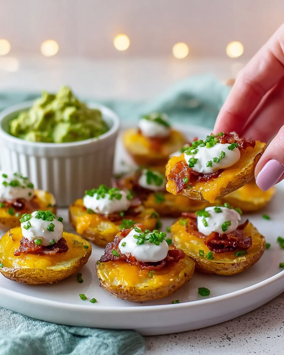 The image shows a white plate with eight small potato halves as the base layer, each golden brown with a slightly crispy texture. The second layer is melted yellow cheddar cheese covering the potato surface, topped with small pieces of crispy brown bacon. On top of the bacon is a dollop of white sour cream, and the dish is finished with small green chopped chives sprinkled both on the potatoes and the plate. A woman's hand is lifting one potato half near a small white ramekin filled with green guacamole. The setting is on a white marbled surface with a soft focus light background. Photo taken with an iphone --ar 4:5 --v 7