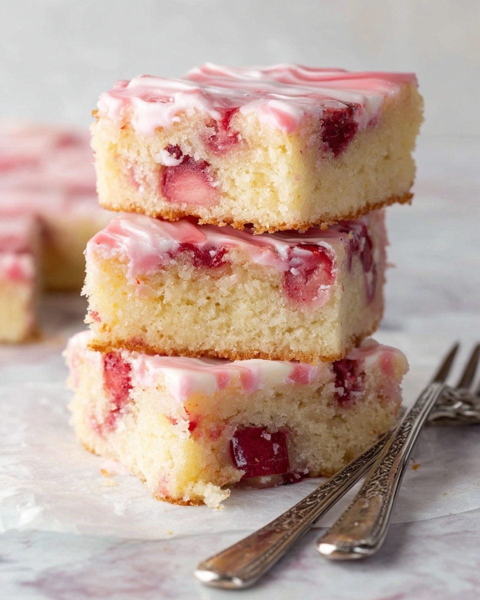 The image shows a stack of three square pieces of light beige cake with visible soft and moist texture. Each piece has swirled, light pink icing on top that looks glossy and slightly creamy. Red chunks of berry, likely strawberry or raspberry, are spread throughout the cake layers, adding bright red spots inside the soft cake. The stack is on a piece of white parchment paper, placed on a white marbled surface. In front of the cake stack, two silver forks with detailed handles lay side by side. The photo taken with an iphone --ar 4:5 --v 7