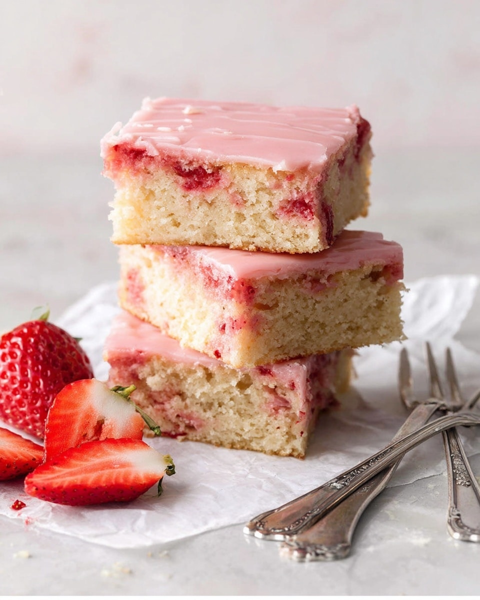 A stack of three square pieces of strawberry cake rests on white parchment paper atop a white marbled surface. Each piece has two visible layers: a moist, light beige cake base with bits of red strawberry mixed inside, and a smooth, pale pink glaze evenly spread on top. The top piece shows a slightly uneven pink glaze with a matte finish. To the left of the stack, there are two halved fresh strawberries showing their bright red color and seeds. Two silver forks with ornate handles are placed on the paper near the cake stack. Photo taken with an iphone --ar 4:5 --v 7