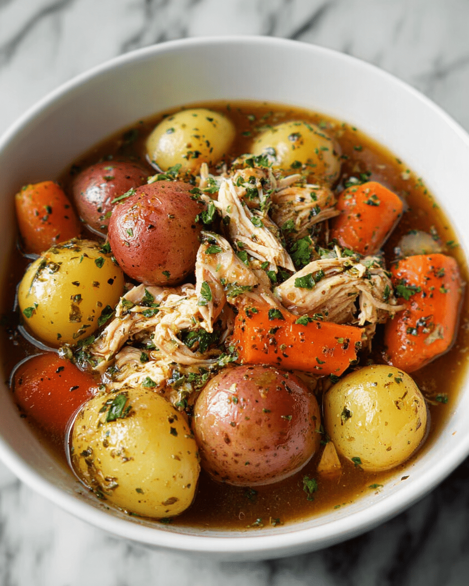 The image shows a white bowl filled with a stew made of several layers. At the bottom, there is a clear brown broth. On top of the broth, there are whole small potatoes of two colors—red and yellow—with a smooth, shiny texture. Also mixed in are thick chunks of bright orange carrots. Sitting between the vegetables are pieces of shredded chicken, light brown with herbs sprinkled on top. The dish is covered with chopped green herbs scattered over everything. The bowl sits on a white marbled surface. photo taken with an iphone --ar 4:5 --v 7