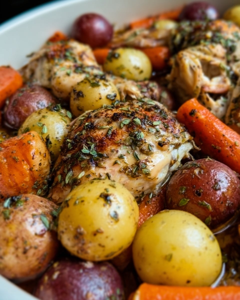 A close-up view of a white dish filled with roasted chicken pieces, surrounded by a mix of small whole potatoes in yellow, red, and purple colors and large chunks of orange carrots. The chicken has a golden-brown crust with visible herbs and seasoning on top. The potatoes have a slightly crispy skin with some herbs sprinkled around. The carrots are soft and have a shiny texture from roasting. The food is arranged closely together, filling the dish completely. Photo taken with an iphone --ar 4:5 --v 7