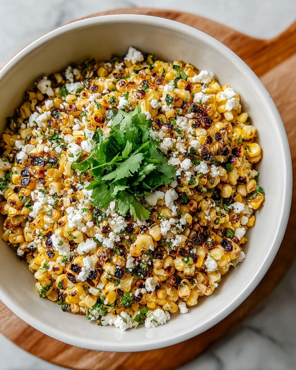 The image shows a white bowl filled with a close-up of grilled corn kernels that have light brown char marks, mixed with small white crumbled cheese pieces and finely chopped green herbs evenly spread around. On top, there is a small bunch of fresh green leaves placed in the center. The bowl is sitting on a wooden board on top of a white marbled surface. The overall look is colorful with a mix of yellow, white, and green tones, creating a fresh and appetizing dish. photo taken with an iphone --ar 4:5 --v 7