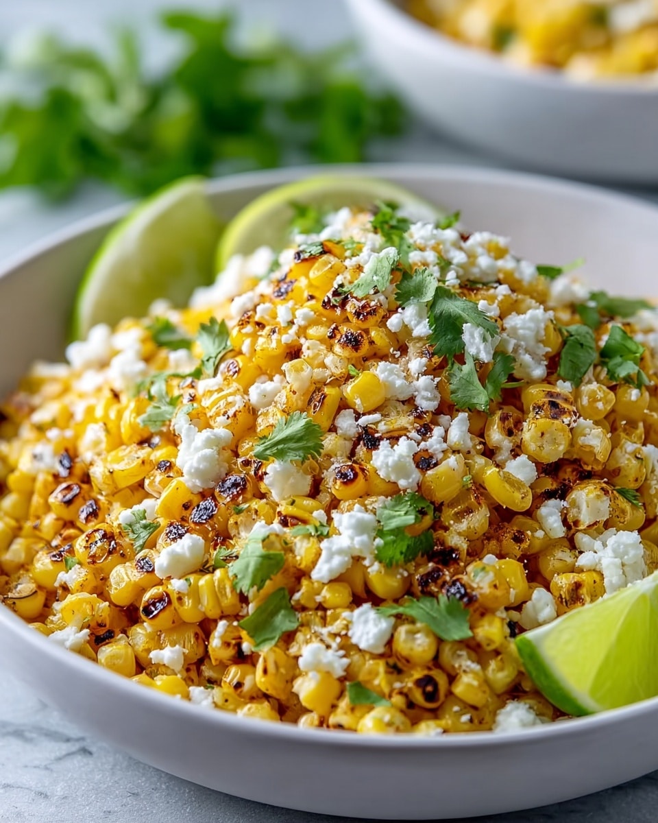A white bowl filled with a mound of grilled corn kernels that are golden yellow with some charred black spots, topped generously with white crumbly cheese and scattered green cilantro leaves. There are two bright green lime wedges placed on the edge of the bowl. The bowl sits on a white marbled textured surface, with another similar bowl slightly blurred in the background. photo taken with an iphone --ar 4:5 --v 7