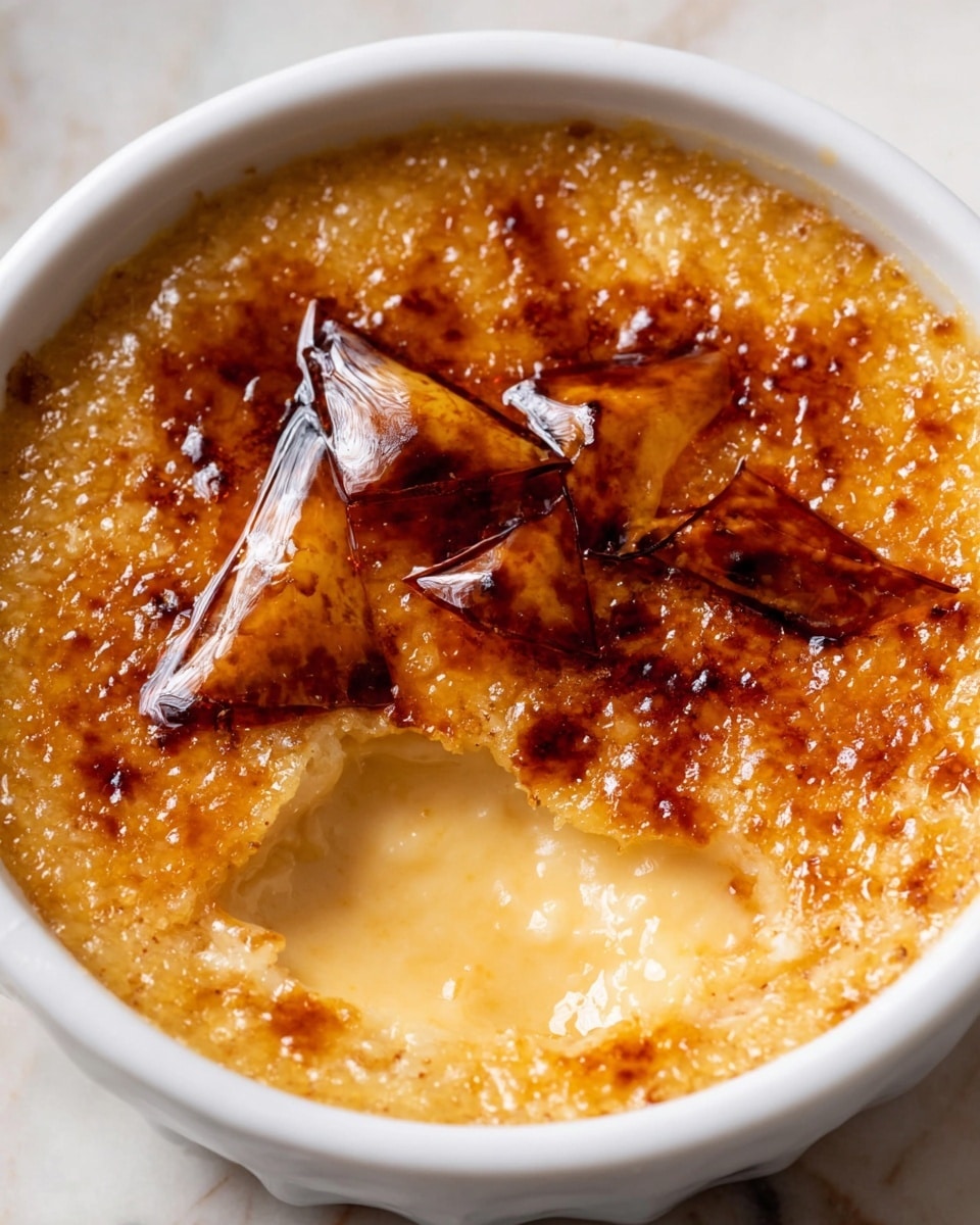 A close-up image of a white ceramic dish filled with crème brûlée, showing one layer of smooth, pale yellow custard under a thick, glossy, caramelized sugar crust that is cracked in the center, revealing the creamy texture beneath. The caramelized top has a dark golden brown color with shiny, glass-like shards that reflect light. The dish is placed on a white marbled surface. Photo taken with an iphone --ar 4:5 --v 7