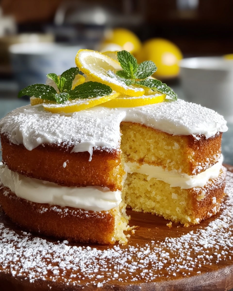 A single slice of lemon cake is shown, with two layers of light yellow, moist cake separated by a thin layer of white cream filling. The top layer is covered with a smooth, thick white frosting sprinkled with powdered sugar. On top of the frosting are swirls of whipped cream and thin strips of bright yellow lemon zest. The cake slice sits on a white plate with a delicate floral pattern, placed on a white marbled surface, with soft warm light highlighting the texture of the cake. Photo taken with an iphone --ar 4:5 --v 7