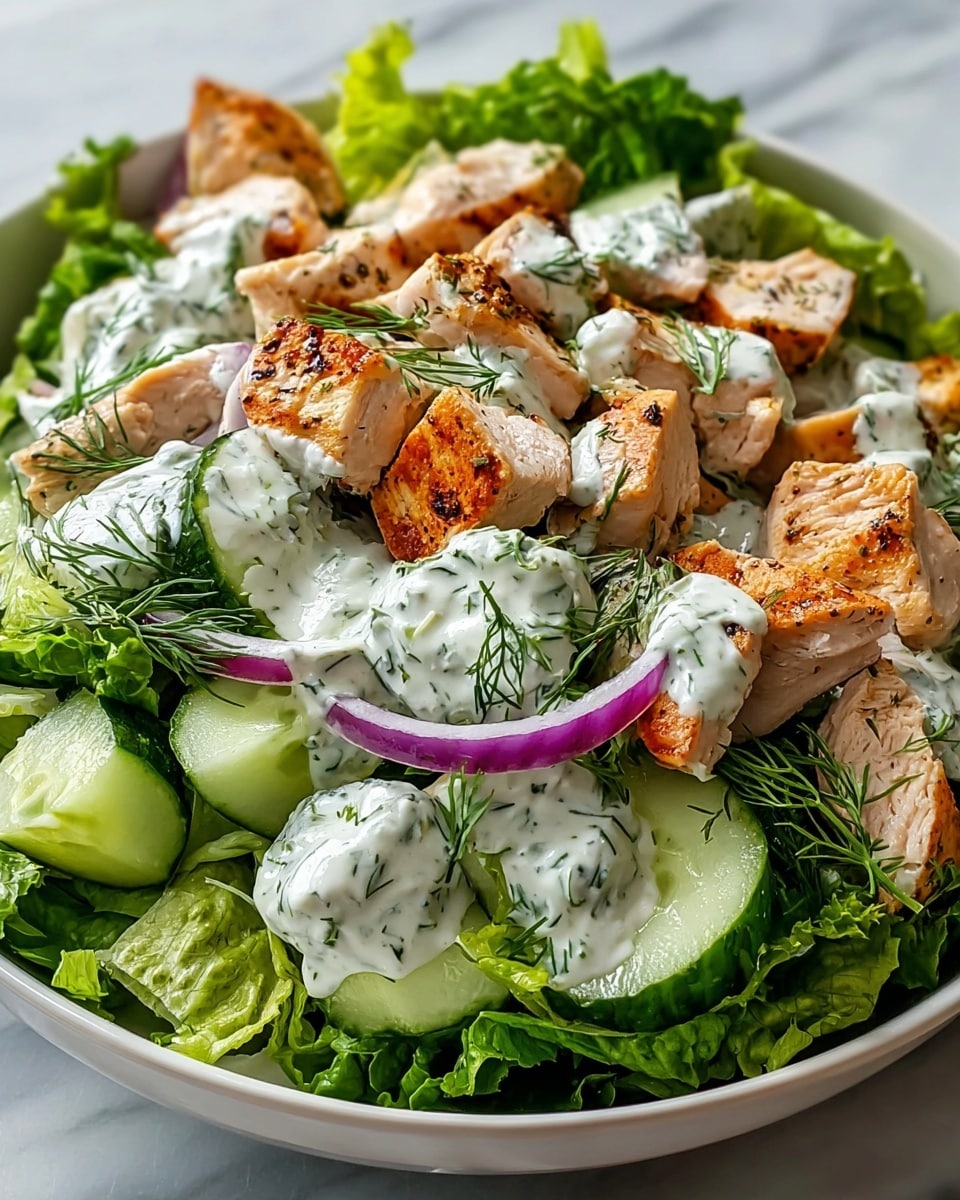 A white bowl filled with a fresh salad consisting of three main layers: the bottom layer is bright green ruffled lettuce leaves, the middle layer is thick cucumber chunks with a fresh green outer skin, and the top layer is grilled chicken pieces with a light golden brown sear. Scattered thin slices of purple-red onion add color contrast, while a creamy white sauce with green dill flecks is drizzled generously over the salad. The textures range from crunchy lettuce and cucumbers to tender chicken, all sitting on a white marbled surface. Photo taken with an iphone --ar 4:5 --v 7