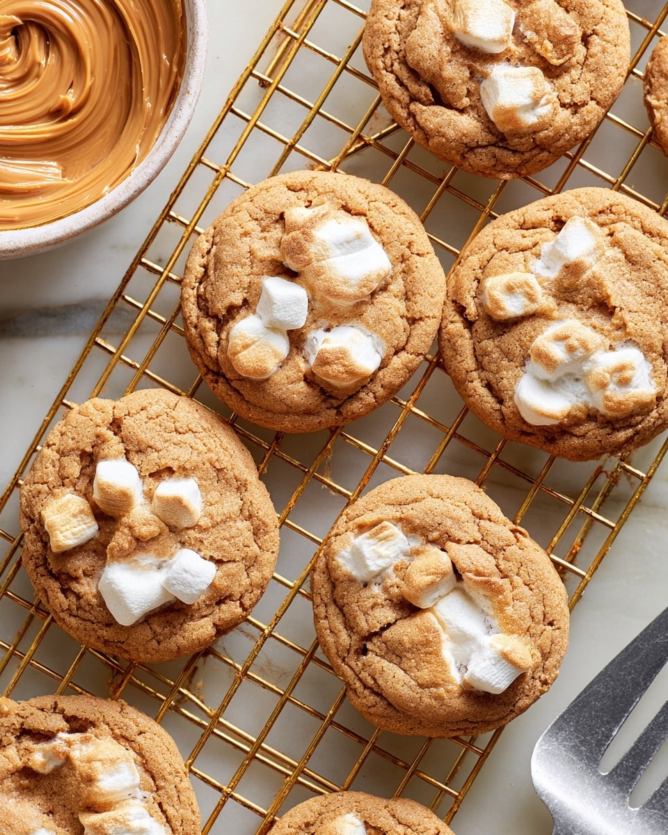 The image shows several round cookies resting on a gold wire cooling rack placed over a white marbled surface. Each cookie has a soft, golden-brown top layer with ridges and cracks, showing gooey white marshmallow pieces partially melted and slightly toasted inside and peeking through the surface. The cookies are spread out, some slightly overlapping. To the left, a part of a white bowl with smooth, swirled caramel or peanut butter is visible, and in the bottom right corner, a silver spatula rests on the surface. photo taken with an iphone --ar 4:5 --v 7