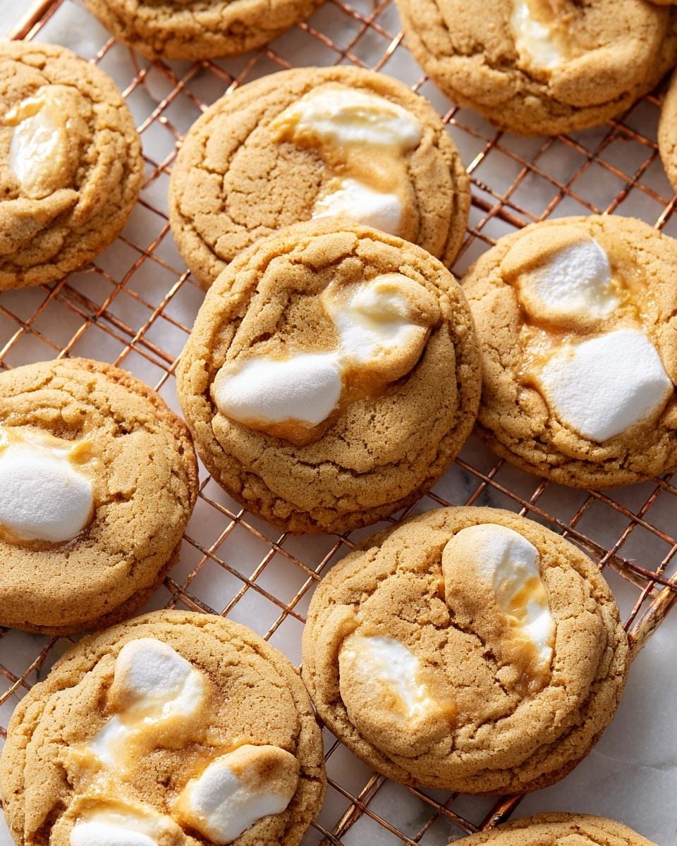 The image shows a close-up of several soft, golden-brown cookies filled with melted white marshmallows peeking through cracks on their surface. The cookies have a slightly cracked texture on top and are arranged loosely on a shiny, white marbled wire cooling rack that contrasts with the cookies. The melted marshmallows create a soft, gooey texture that appears creamy and slightly toasted in some spots. Near the edges, parts of the marshmallows slightly ooze out, adding a melty look. The background is a white marbled surface, adding brightness to the warm colors of the cookies. photo taken with an iphone --ar 4:5 --v 7