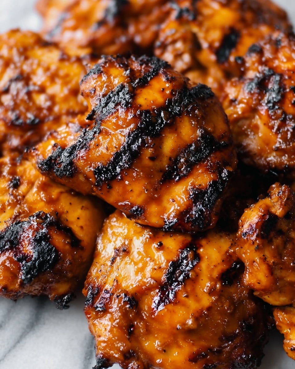 The image shows a close-up of grilled chicken pieces with a shiny, sticky layer of thick orange-brown sauce that has dark char marks on each piece. The chicken looks juicy with a mix of smooth, glazed areas and crispy, blackened spots from the grill. The whole frame is filled with these richly colored chicken pieces, showing their textures up close on a white marbled surface. photo taken with an iphone --ar 4:5 --v 7