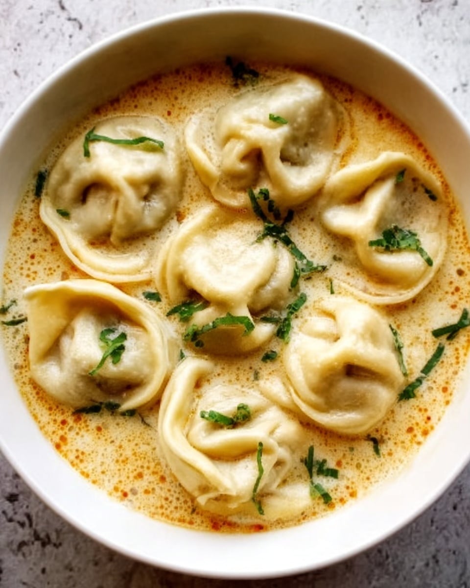 A close-up of a white bowl filled with creamy soup, topped with five large, folded dumplings arranged in a circle. The dumplings have a smooth, pale dough texture with slight folds and wrinkles, sitting in a light beige broth that has a slight oily sheen. There are small green herb leaves scattered on top, adding a touch of color contrast. The bowl is placed on a white marbled textured surface. photo taken with an iphone --ar 4:5 --v 7