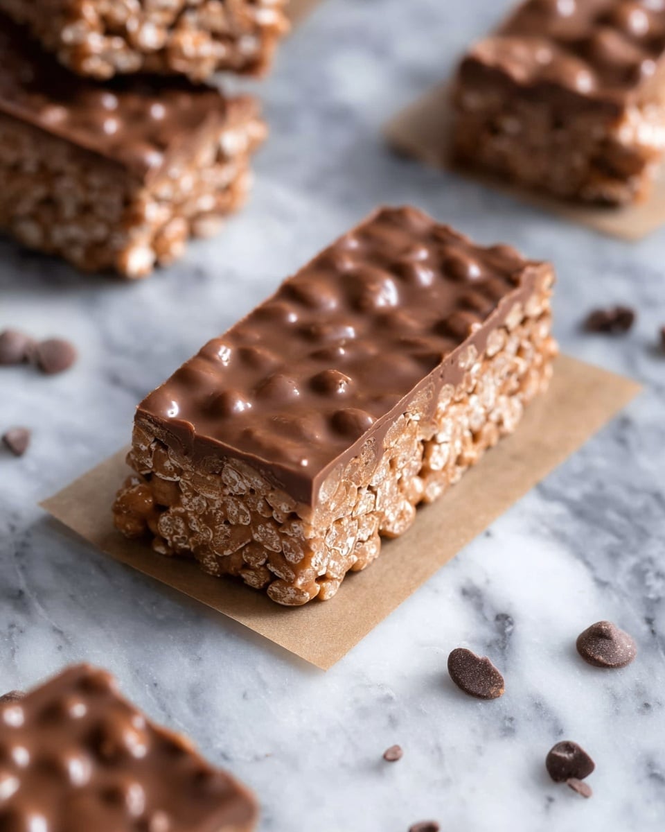 The image shows a rectangular chocolate crispy treat bar placed on a small piece of brown paper on a white marbled surface. The bar has two clear layers: the bottom layer is a light brown crispy mix with visible puffed rice bits, and the top layer is a smooth, slightly glossy milk chocolate coating with small cluster textures from the chocolate chips or nuts beneath. Around the main bar, there are several similar bars slightly blurred in the background, and a few scattered chocolate chips and crumbs on the surface. The overall setting is simple and clean with a focus on the texture and color contrast between the crispy base and chocolate topping. photo taken with an iphone --ar 4:5 --v 7