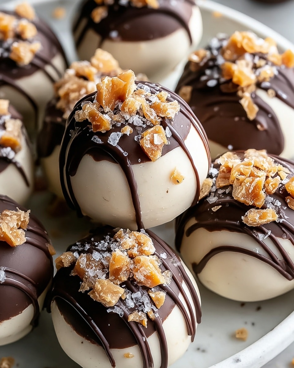 The image shows a close-up of round white cookie balls with a smooth texture, each partly covered in dark chocolate that forms a shiny, thick coating on the top half. Thin dark chocolate lines drip down the sides, creating contrast against the white base. The tops of the cookies are sprinkled with small chunks of caramel-colored toffee and coarse white sea salt flakes, adding texture and color contrast. The cookies are placed closely together on a white plate with a subtle marbled texture underneath. Photo taken with an iphone --ar 4:5 --v 7
