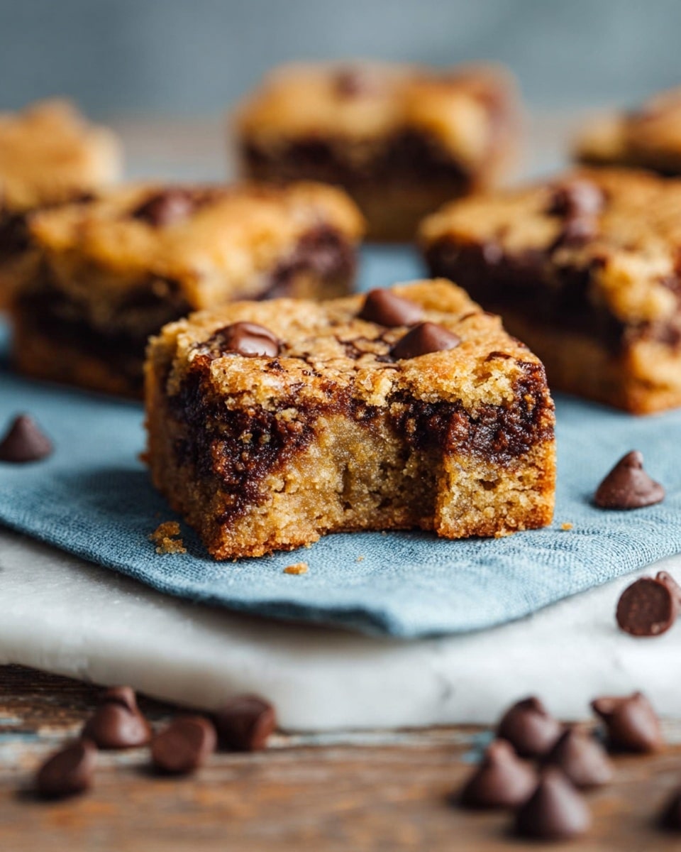 The image shows a close-up of a single square chocolate chip blondie with one bite taken out of it, revealing a soft, moist inside with melted dark brown chocolate swirled throughout. The top layer is golden brown with a slightly crumbly texture and chocolate chips scattered on the surface. Around the blondie, there are more similar pieces blurred in the background, resting on a white marbled surface covered with a folded light blue cloth. Several loose chocolate chips are scattered on the cloth and wooden surface beneath it. photo taken with an iphone --ar 4:5 --v 7