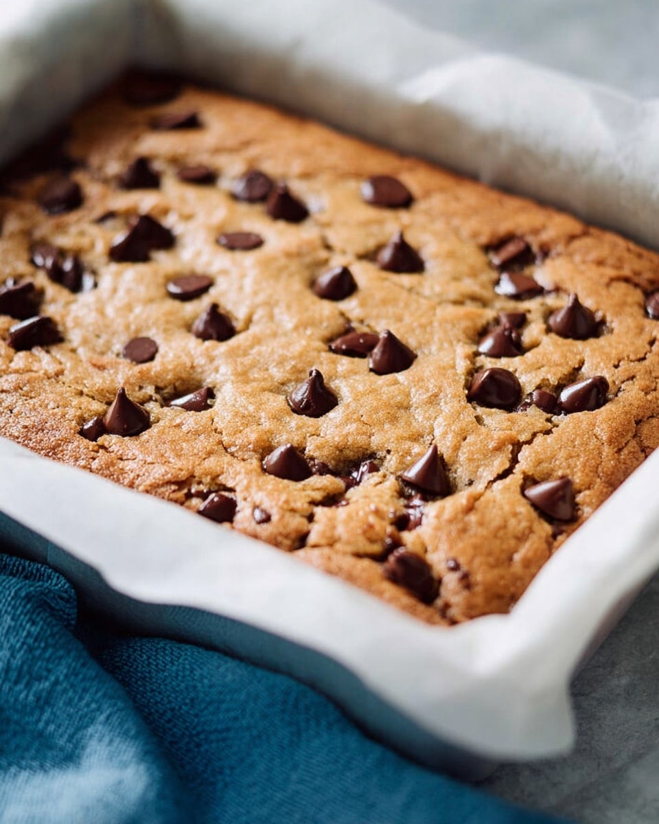A close-up of a freshly baked thick blondie bar in a white baking dish lined with white parchment paper, showing a single golden-brown layer covered evenly with semi-melted dark chocolate chips scattered on the slightly cracked surface. The blondie has a soft, dense texture with a warm, inviting color. The white marbled background and a soft blue cloth are partially visible on the side. Photo taken with an iphone --ar 4:5 --v 7